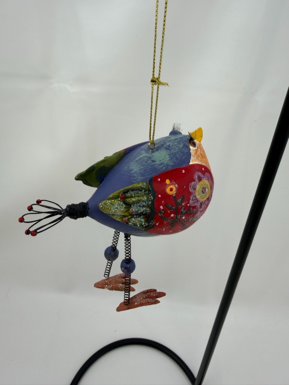 Metal Painted Bird Hanging Ornament Colorful Spring Legs Eyelashes Yellow Breast